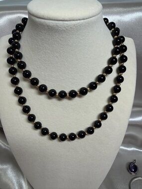 Genuine Black Onyx & 14K Gold Bead Necklace - 29” Long - 57g